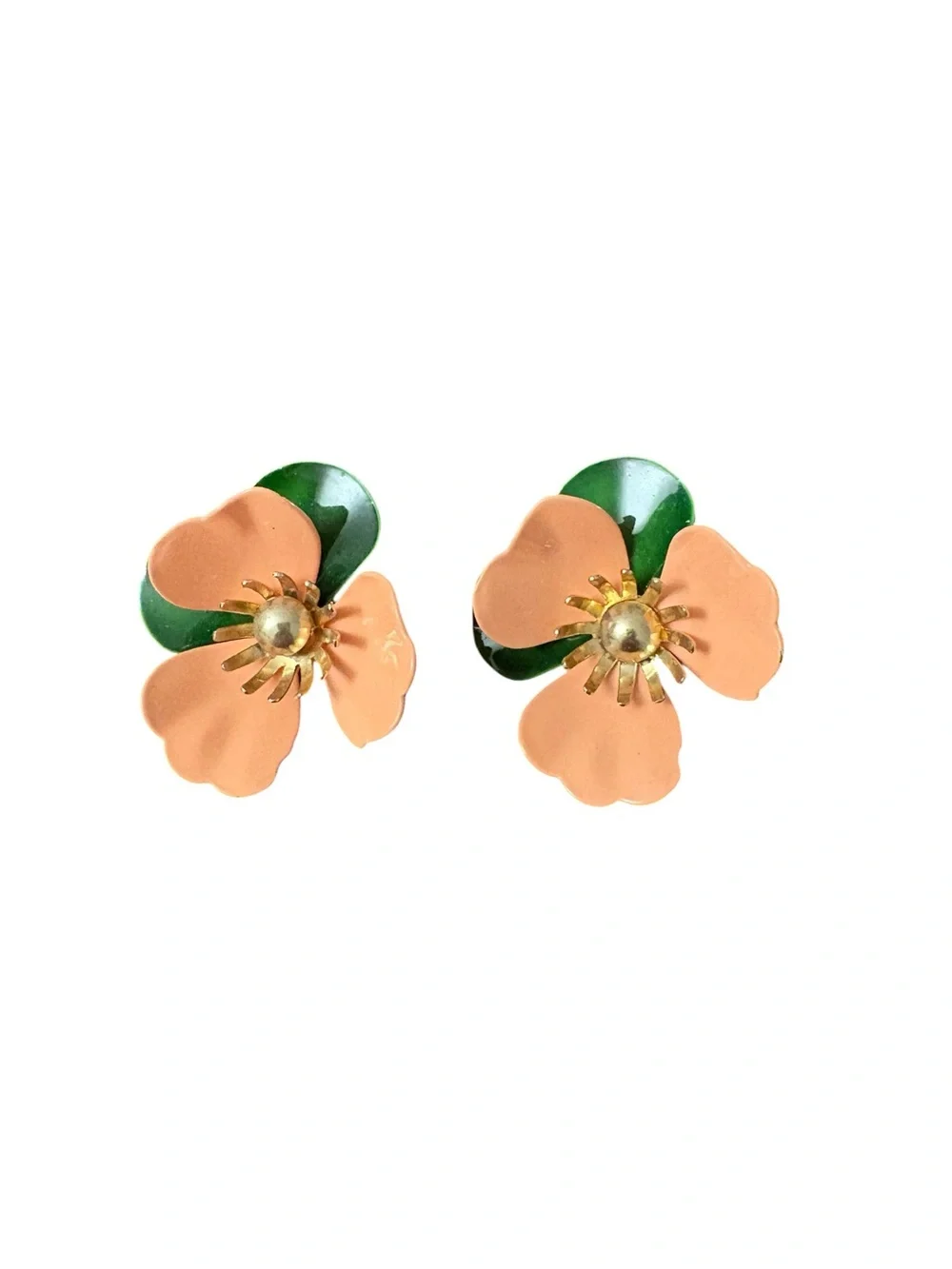 Vintage Sarah Coventry Tahitian Flower Clip On Earrings Peach Green Enamel 1969